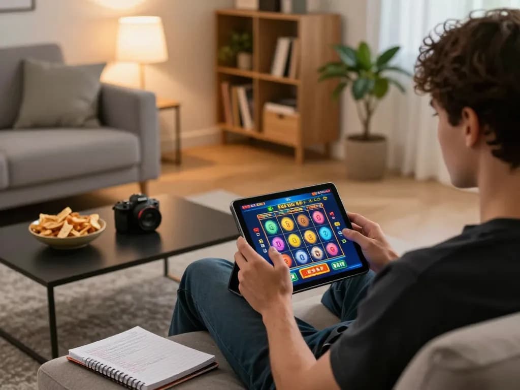 Engaged player enjoying online slots at https://rr88co.net/, focusing on colorful reels and winning potential.