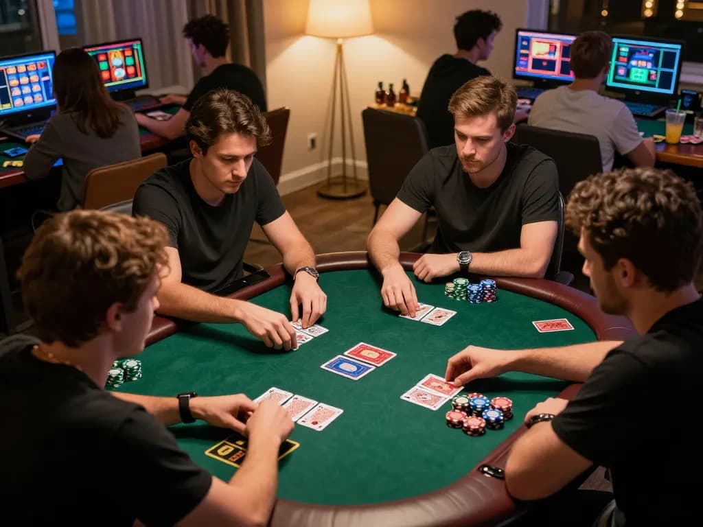 sgwin66 players strategize during online poker game at home, vibrant atmosphere with snacks and drinks.