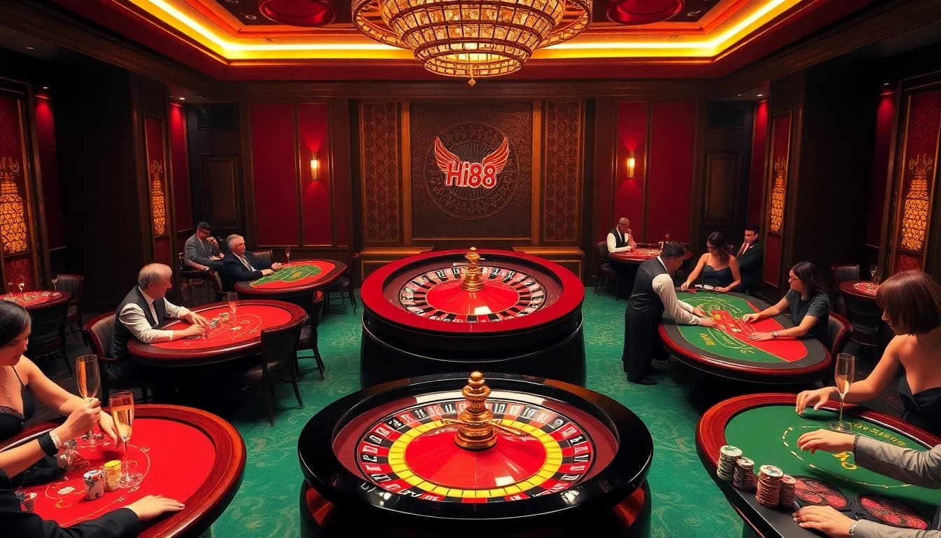 Experience the thrill of Hi88 at an elegant casino scene featuring roulette and Baccarat.