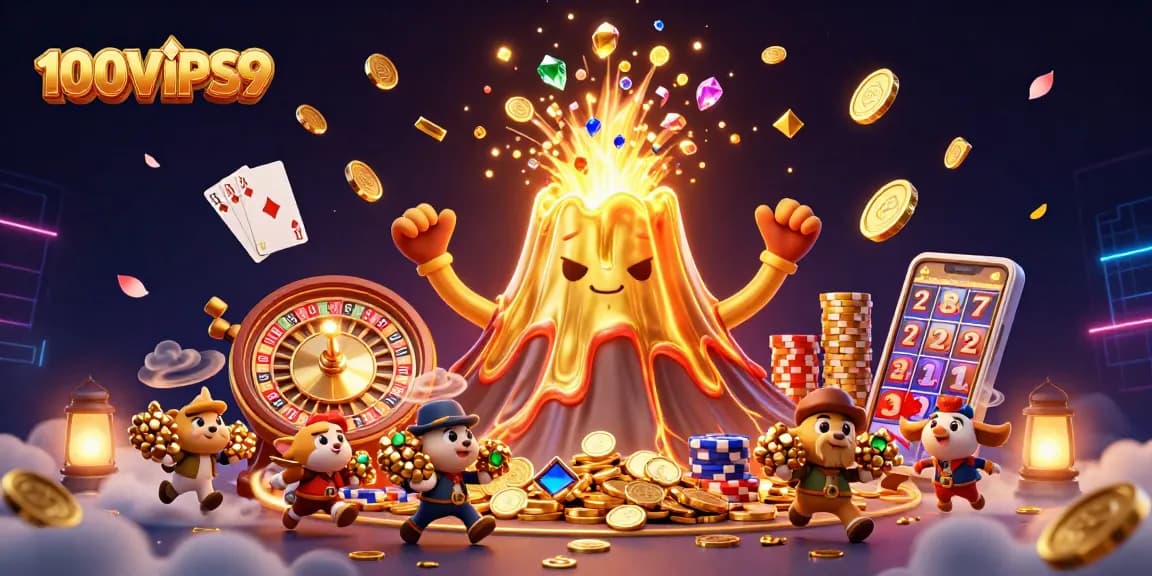 Witness excitement at 100VIPS9 as golden lava and treasure erupt, creating a thrilling casino atmosphere.
