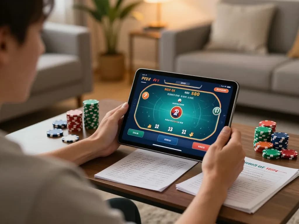 Person using i9bet com online casino app on tablet during a comfortable home gaming session