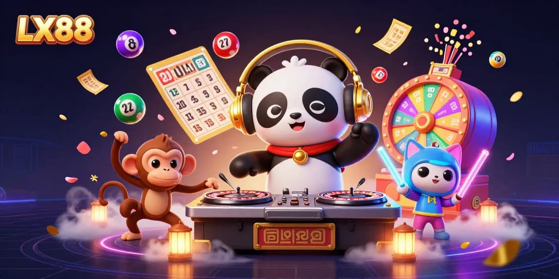 Engage with LX88's vibrant gaming scene featuring a DJ panda, dancing monkey, and rave kitten.