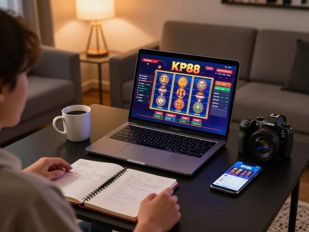 Engaged player enjoying KP88 online gaming with vibrant slot games on display.