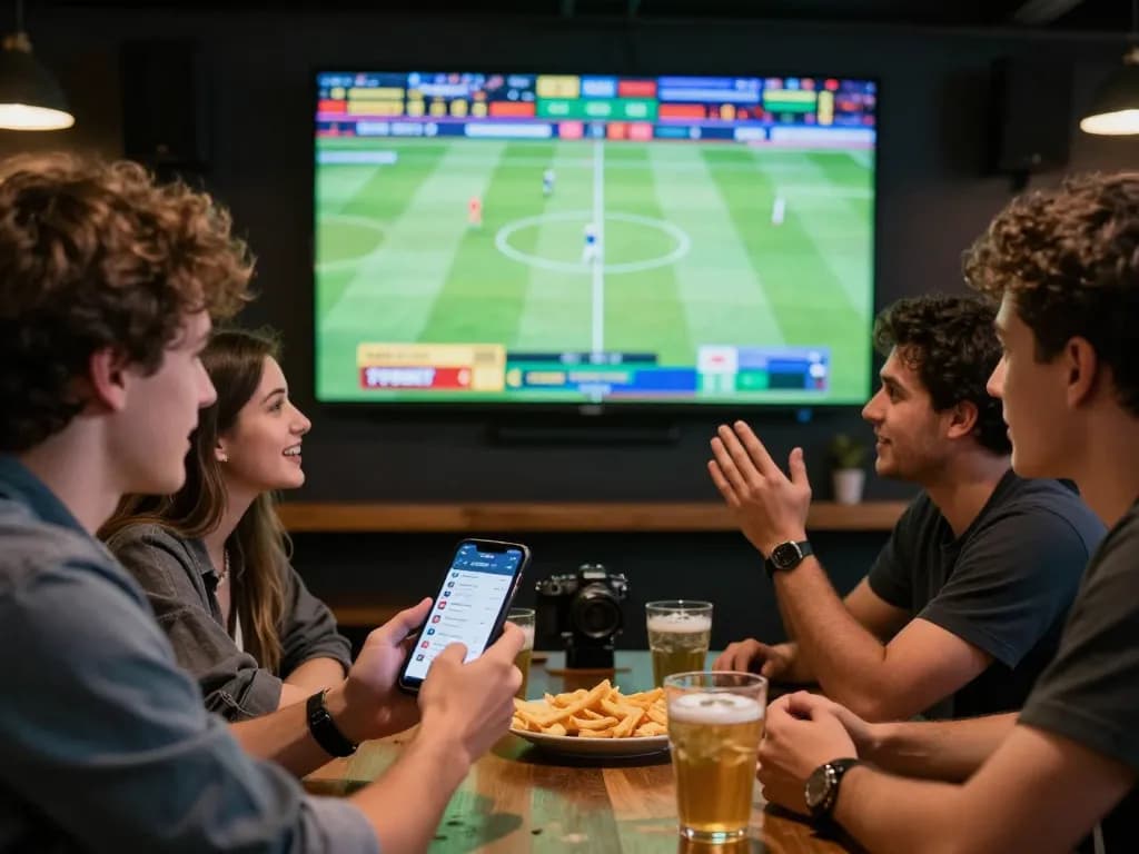 Sports betting excitement with friends using the TOPBET app in a lively bar setting.