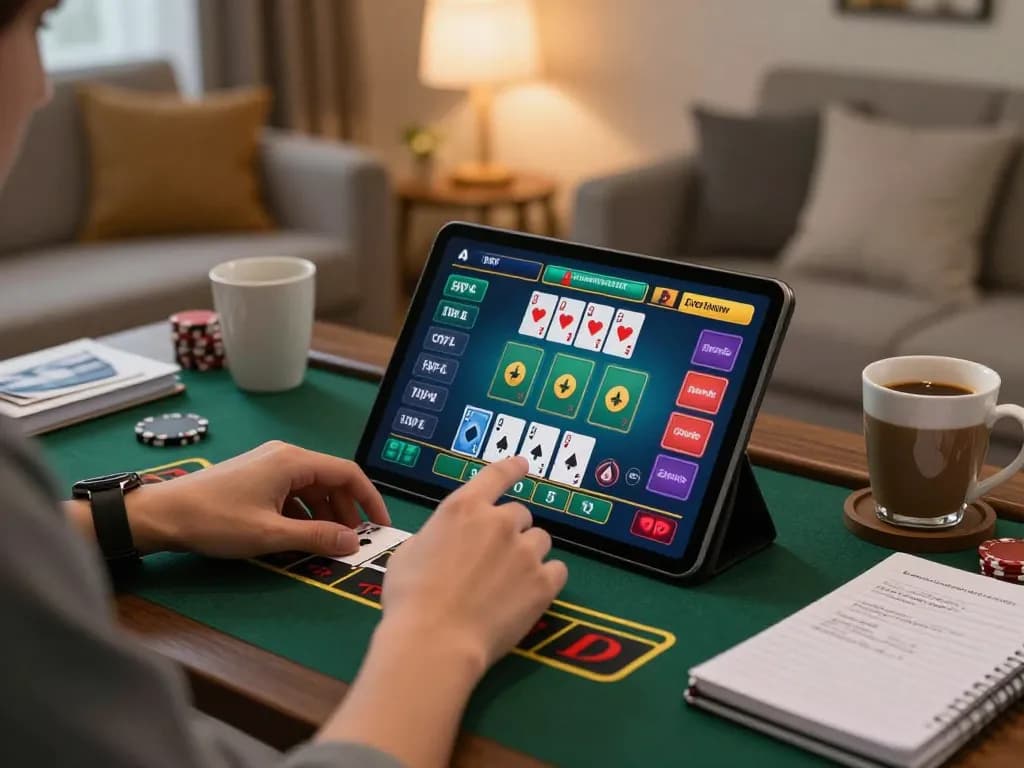 Person gaming on ALO8 live dealer blackjack interface at home, showcasing engaging atmosphere