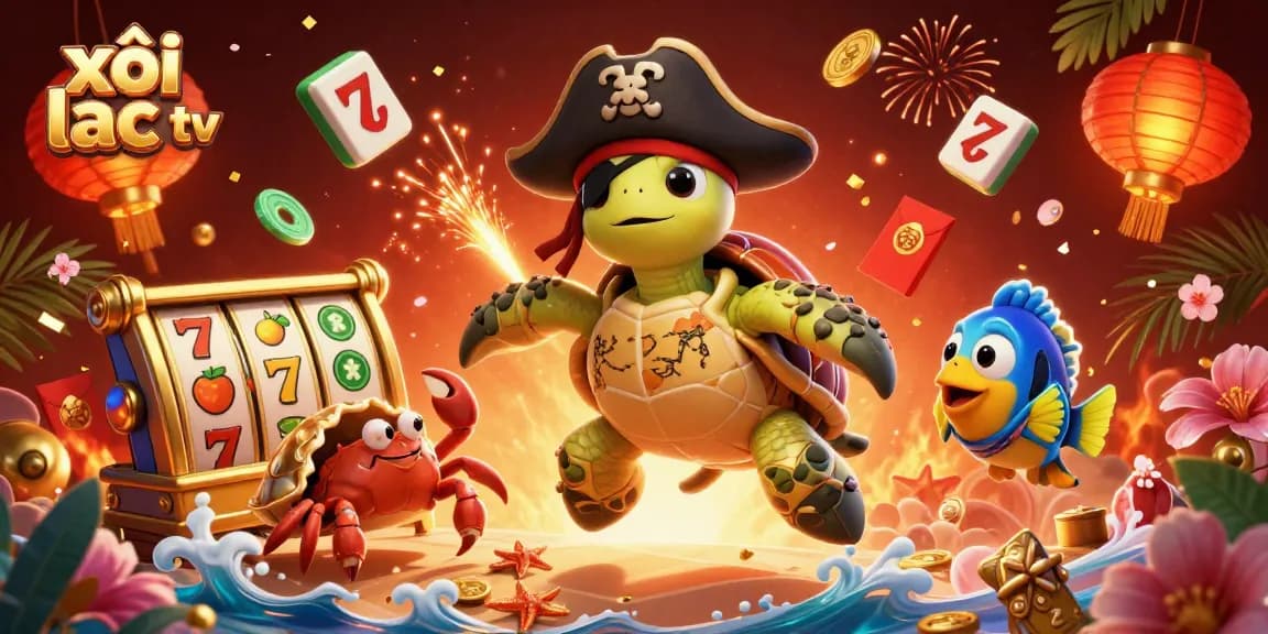 xôi lạc tv showcases a vibrant 3D scene of a pirate turtle, crab, and parrotfish amidst slot machines and sparkling treasures.