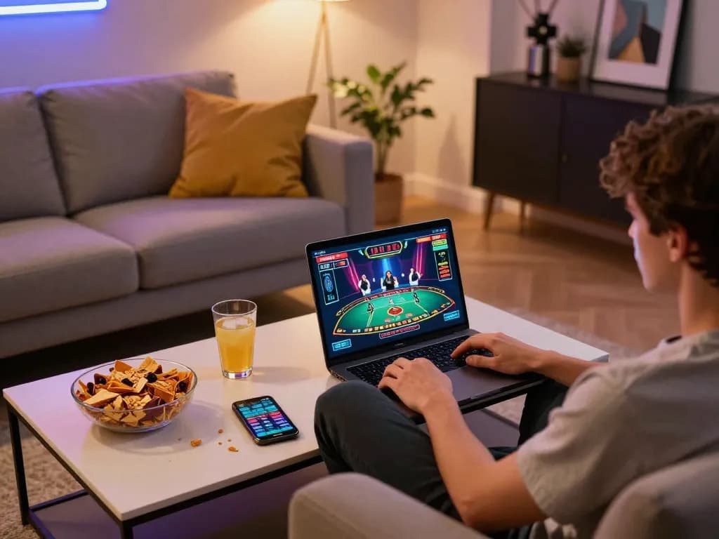 Player engaging with live dealer games on com, creating a cozy online gambling experience at home.