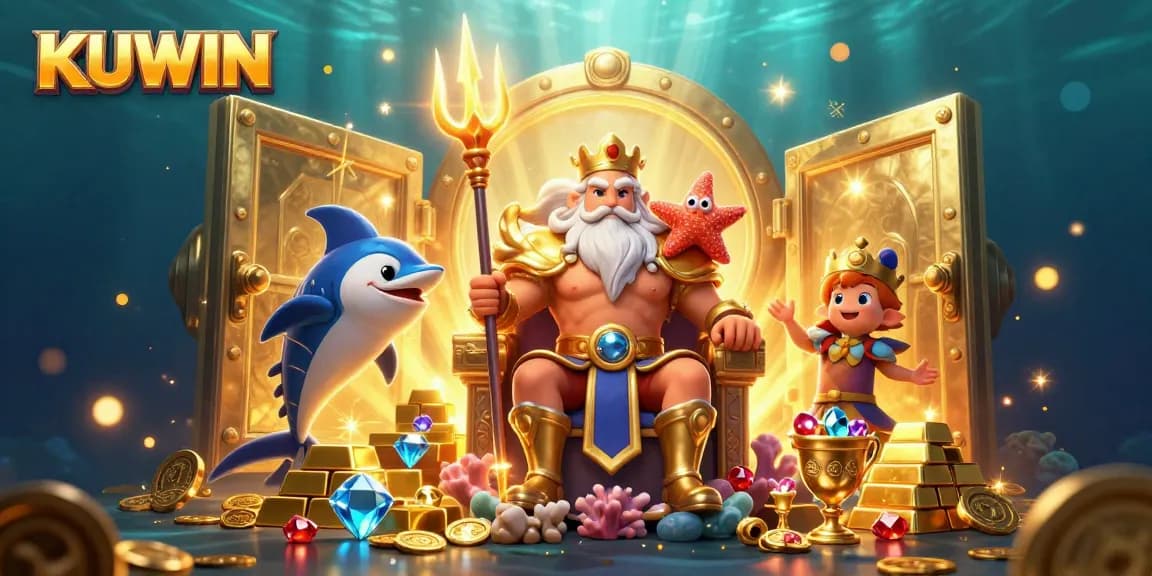 KUWIN's sea king Neptune presiding over a treasure-filled casino scene in vibrant colors.