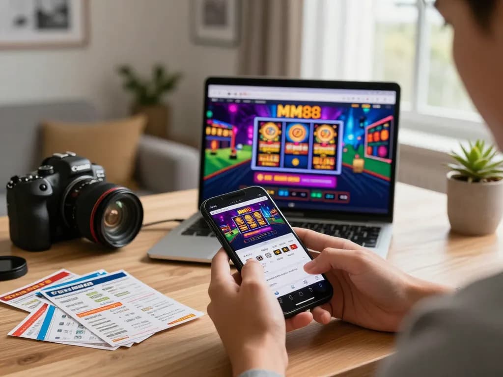 Engaging moment of a user accessing Link vào MM88 on smartphone with vibrant gambling visuals and a lively home office.
