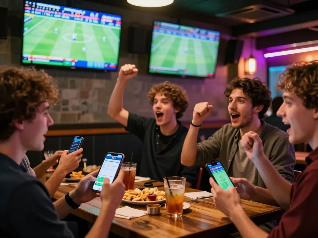 KQBD sports betting scene with enthusiastic crowd celebrating live football betting.
