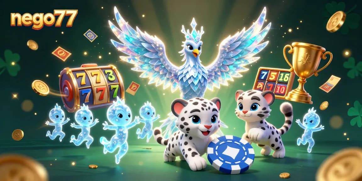 Engage with nego77's captivating ice phoenix and joyful snow leopard cub spinning luck in this dynamic slot scene.