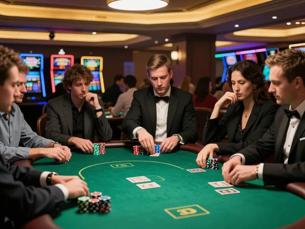888new poker game in a luxurious casino with players engaged and a dealer shuffling cards