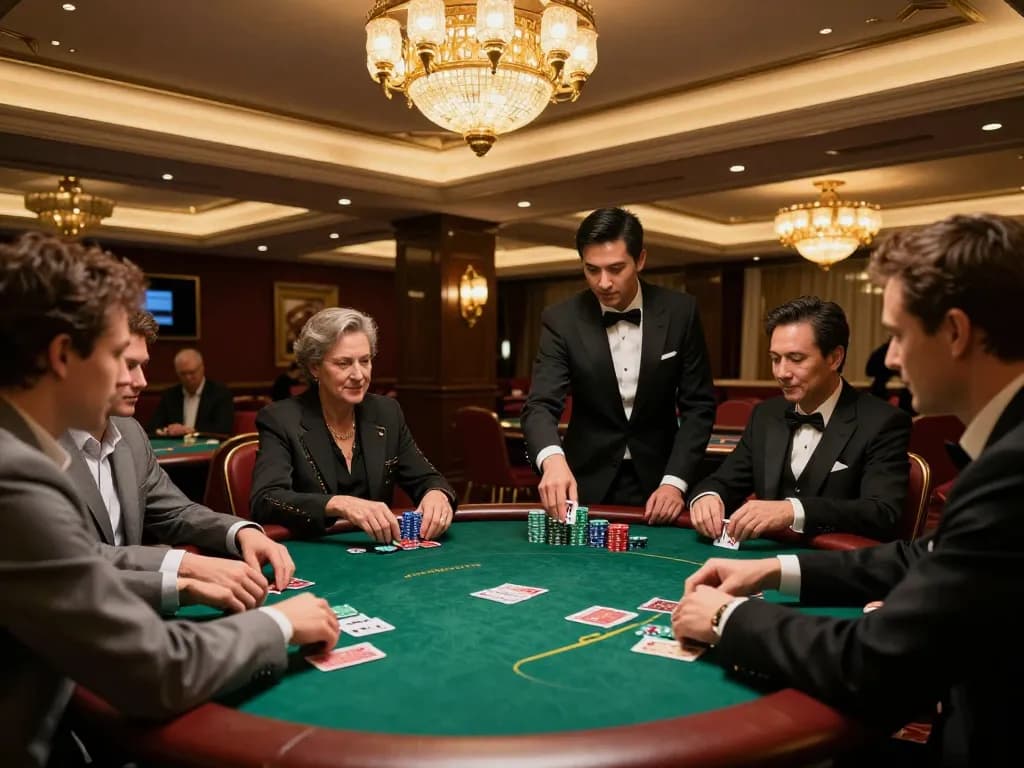 Players engaged in strategic poker gameplay at a luxurious casino, man88a atmosphere enhancing the excitement.