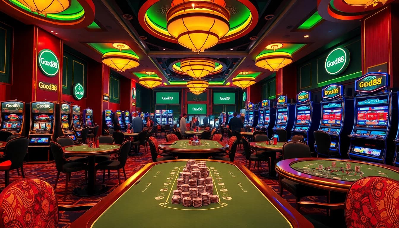 Exciting casino scene featuring Good88 branding, showcasing vibrant gaming tables and poker chips.