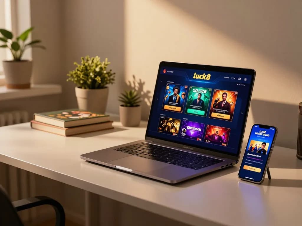 Experience the excitement of luck8 college through a modern online gaming setup with laptop and smartphone.