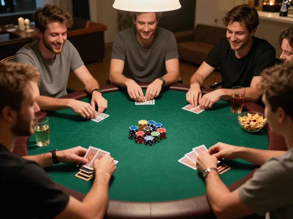 Exciting poker game at LC88 with friends enjoying cards and snacks in a cozy atmosphere.