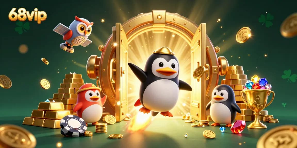 Experience thrilling gameplay with 68vip, as a golden penguin blasts towards a vibrant casino