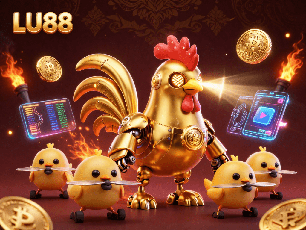 LU88 - Engage with the thrilling golden rooster robot in a vibrant 3D casino scene amidst dazzling crypto elements.