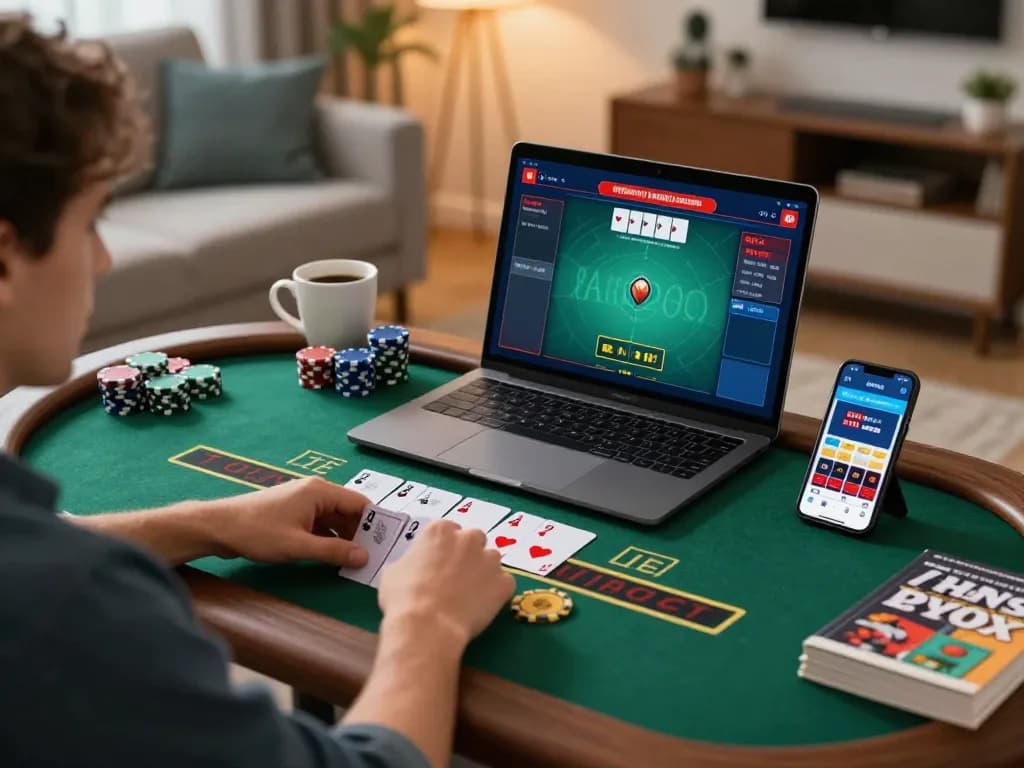Engaging online blackjack gameplay at home showing 555win interface, player focused on winning.