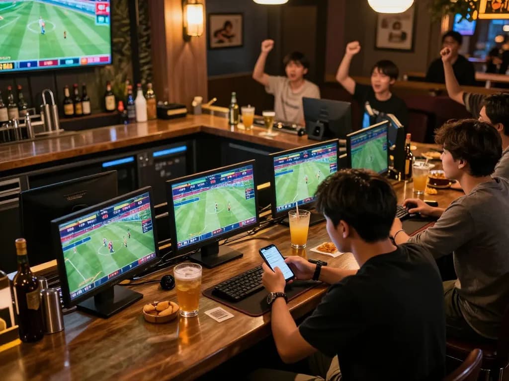 Engaging in kèo nhà cái while watching live sports matches at a stylish bar with friends.