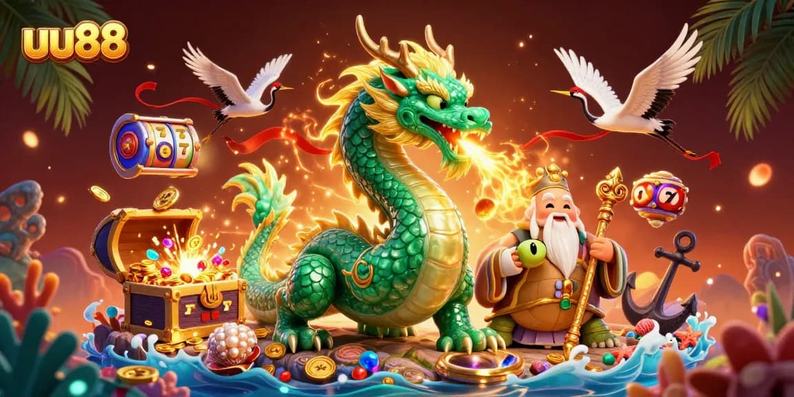 Experience the excitement of uu88 with vibrant dragons, treasure chests, and golden elements in 3D casino illustration.