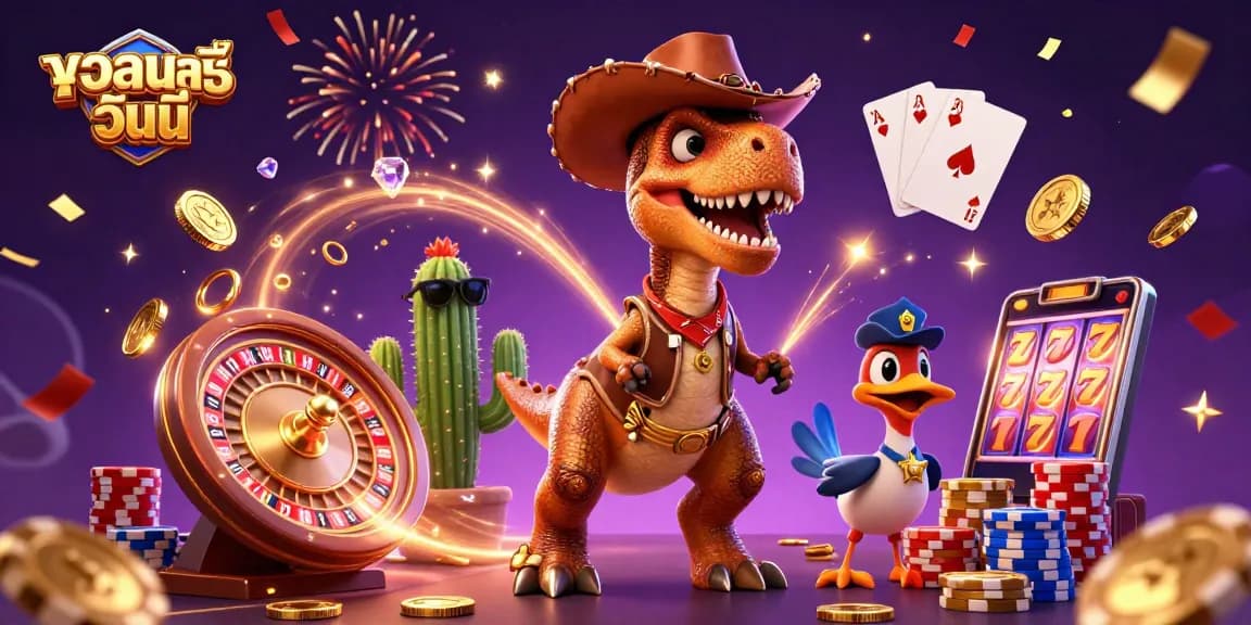 Experience the excitement of ผลบอลวันนี้ with a vibrant illustration of a dinosaur cowboy, gems, and casino elements.