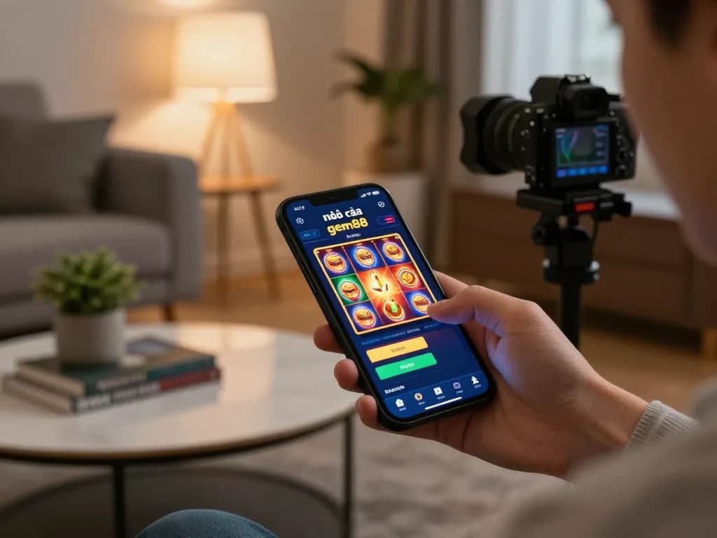 Engaging with the nhà cái gem88 app on a smartphone representing modern online gaming.