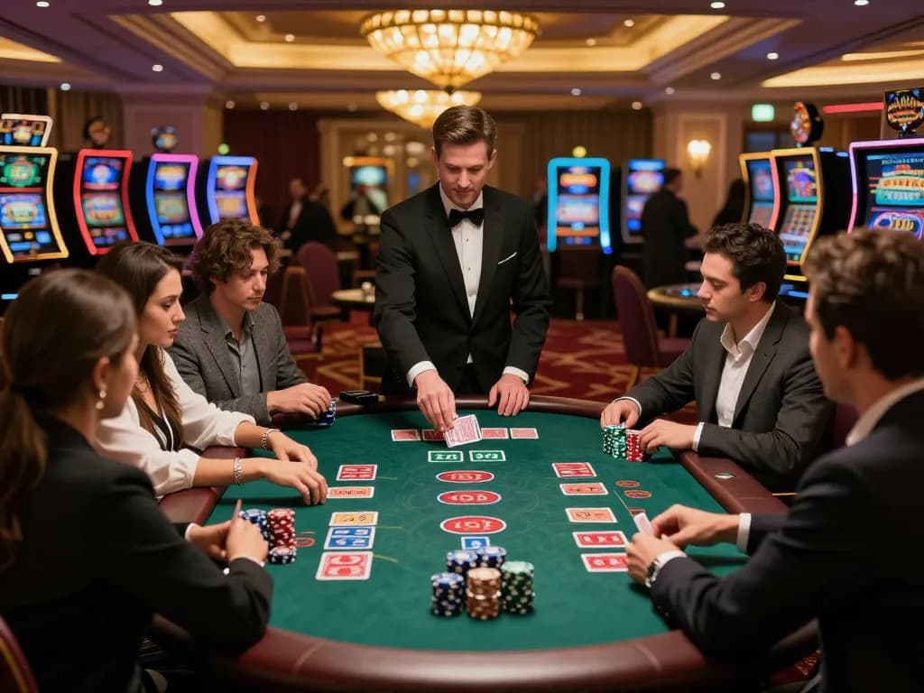 Players strategizing at blackjack table in 88CLUB casino, dynamic action captured.