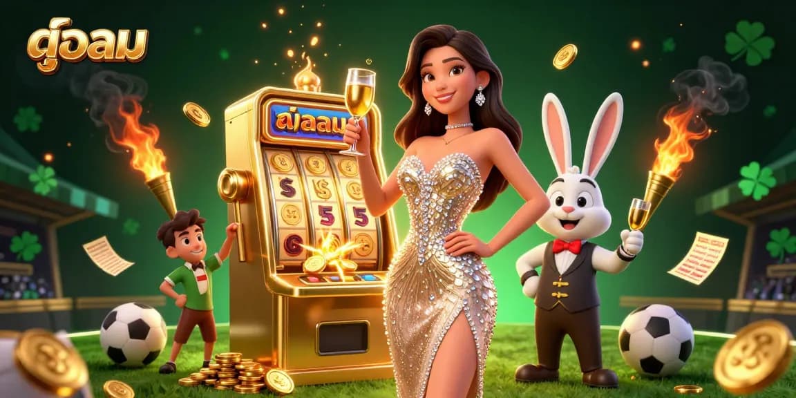 ดูบอล sporting excitement featuring a glamorous woman and a friendly bunny croupier by a jackpot slot machine.