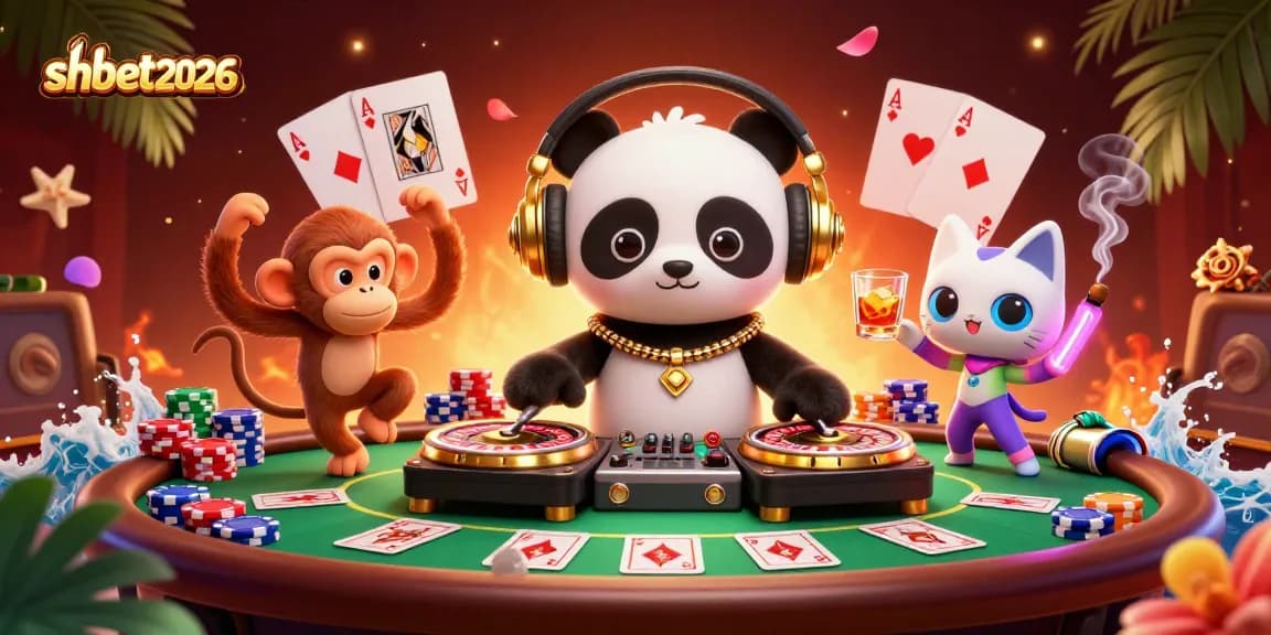 Experience the excitement of shbet2026, featuring a DJ panda and vibrant casino elements.