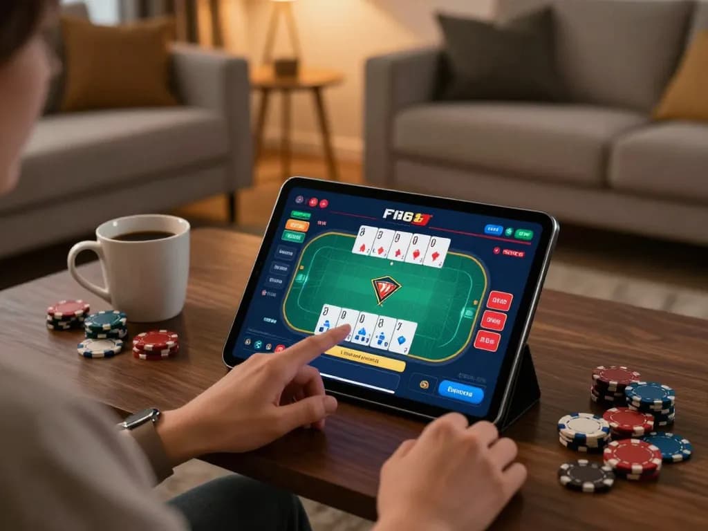 Player engaging with F168 casino app on tablet during a cozy gaming session