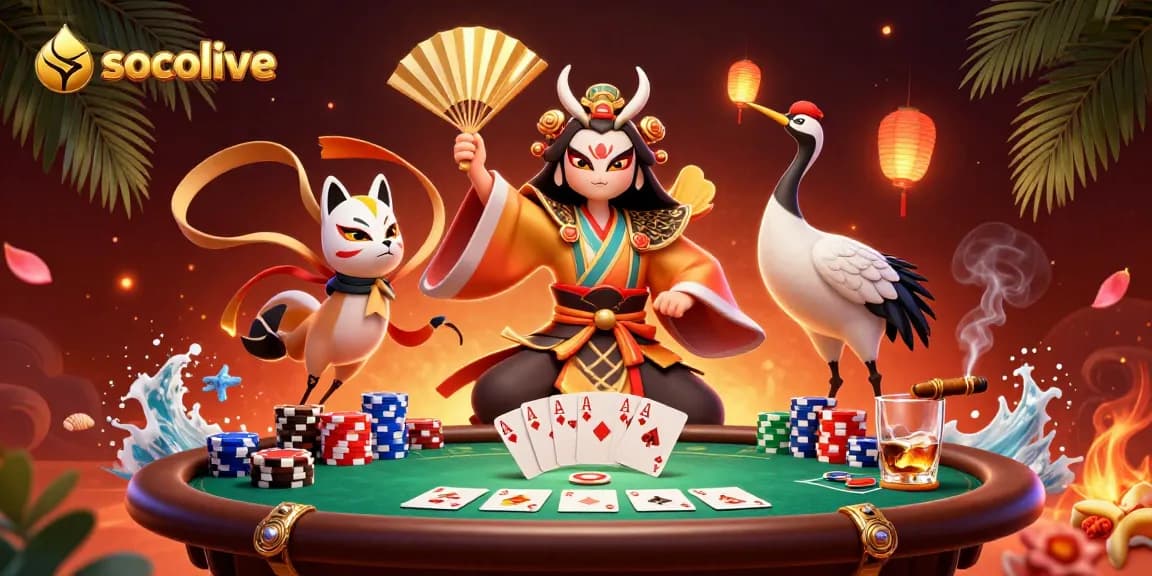 Socolive's dynamic gaming scene features a kabuki warrior and kitsune mask with poker elements.