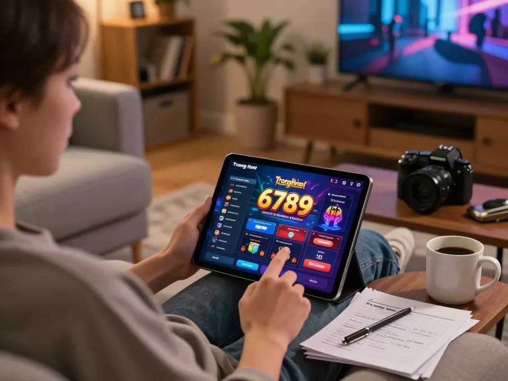 Engaging with the Trang chủ 6789 casino app on a tablet in a stylish home setting.