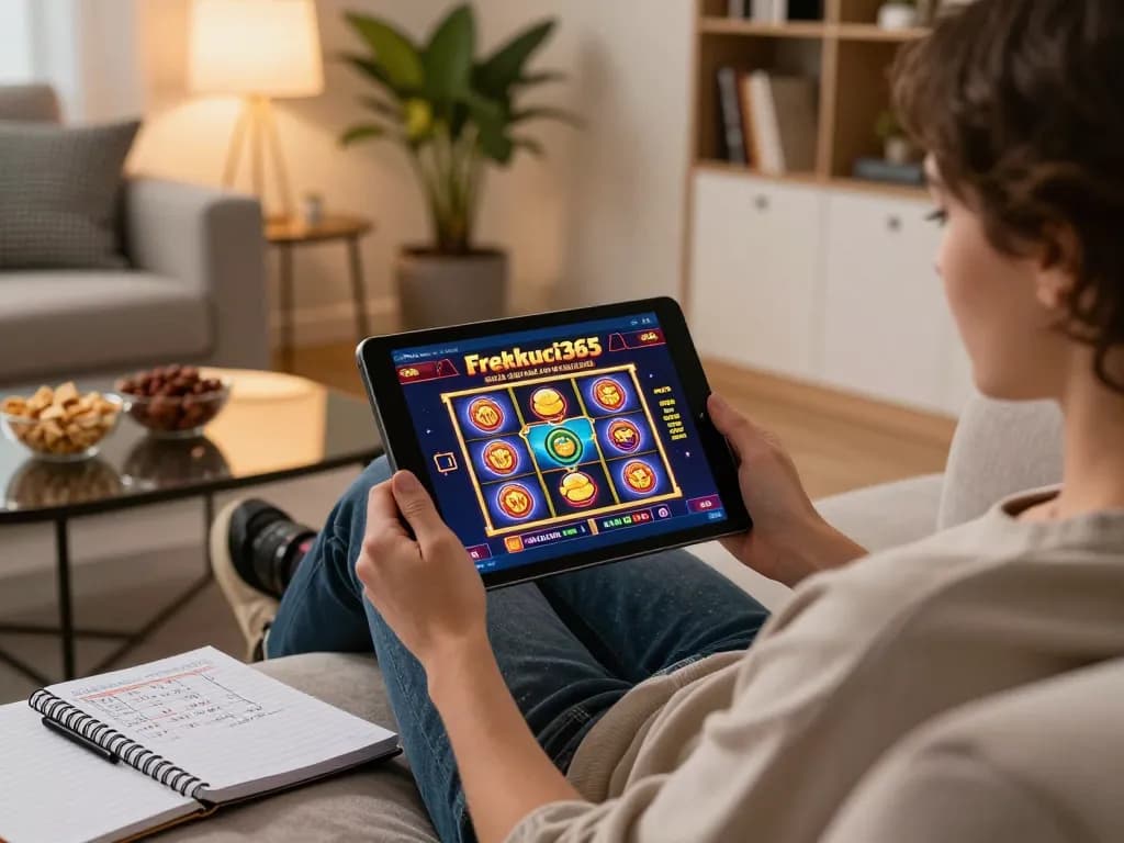 Engaged player exploring Freecuci365's casino games on a tablet in a cozy living room setting.