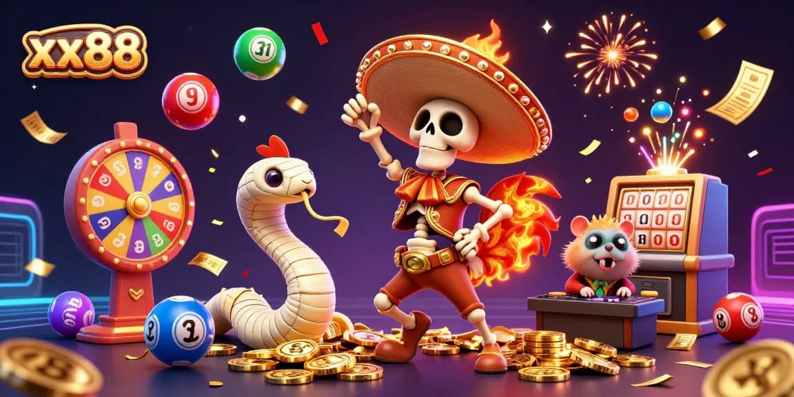 Engage in exhilarating gameplay at xx88 with vibrant casino elements and festive characters.