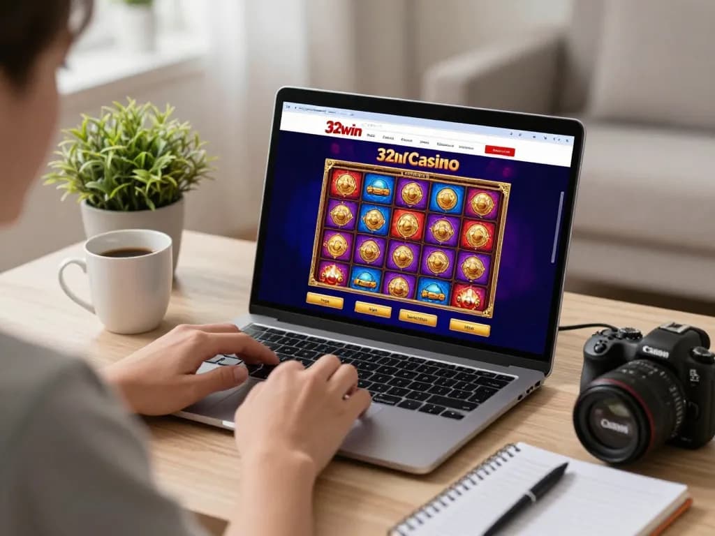 Player engaging with the 32win online casino interface on a laptop in a cozy home setup.