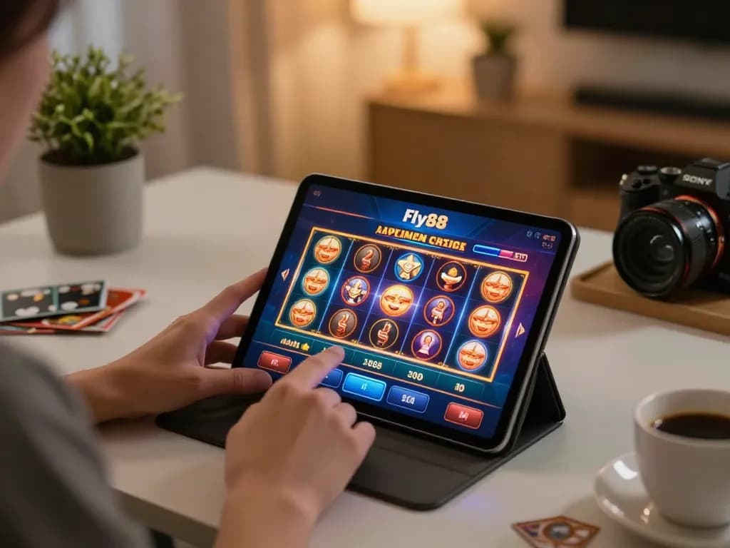 Engaging gameplay on Fly88 casino app at stylish home desk, user strategizing for better odds