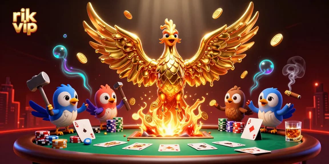 Experience rik vip with a vibrant casino scene featuring a golden phoenix, poker elements, and rich details.
