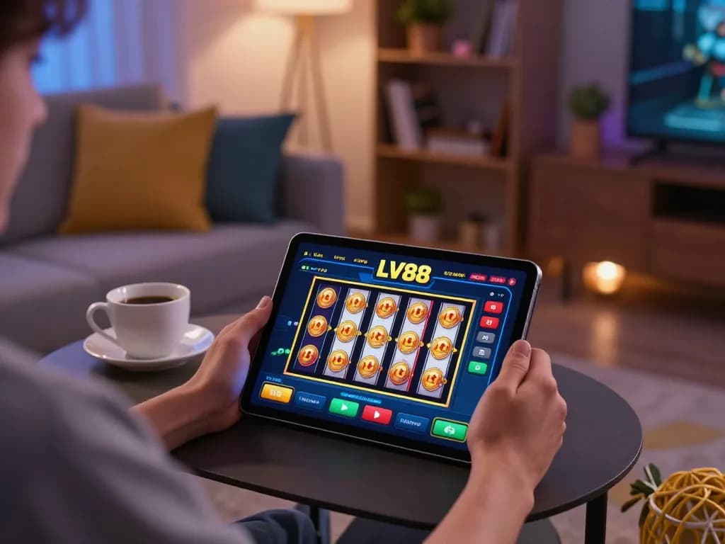 Player engaging with LV88 app on tablet in cozy living room for online slots.