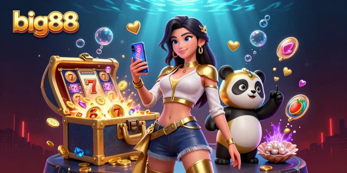 big88 slot game action with an elegant Asian woman and playful panda mascots capturing casino excitement.