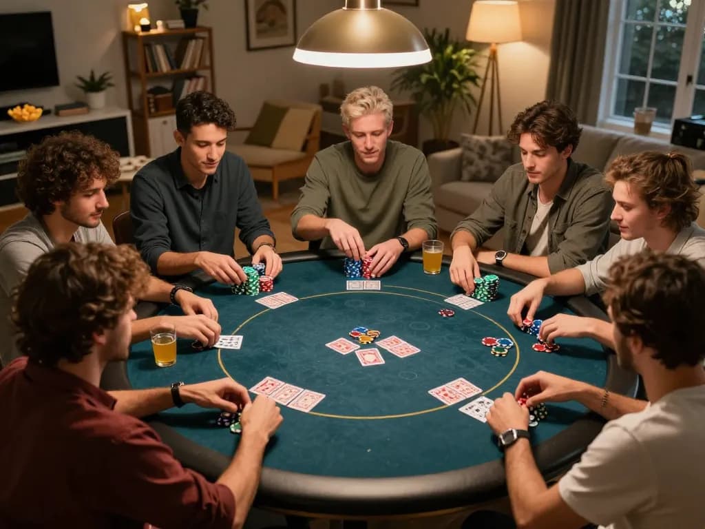 Players enjoying poker night at home, showcasing nhà cái 8KBET's engaging atmosphere and friendly competition