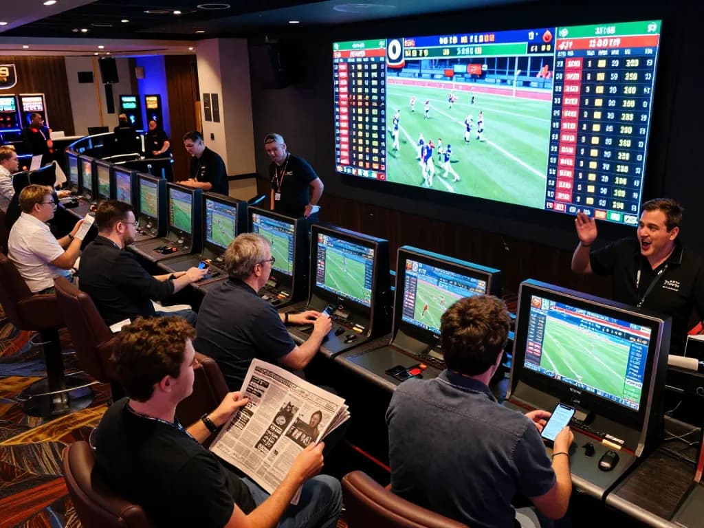 Sports bettors analyzing odds on screens at a vibrant casino, showcasing live betting activity and excitement with 7m