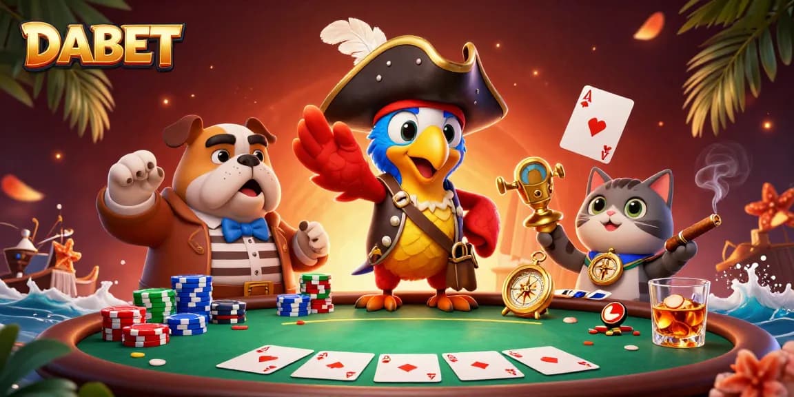 DABET captivates players with a vibrant scene featuring a pirate captain, bulldog, and cat in a lively poker atmosphere.