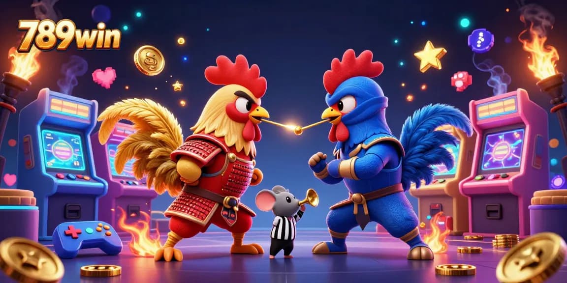 Engage with the action of 789win as fighting roosters face off amid dynamic casino game elements.