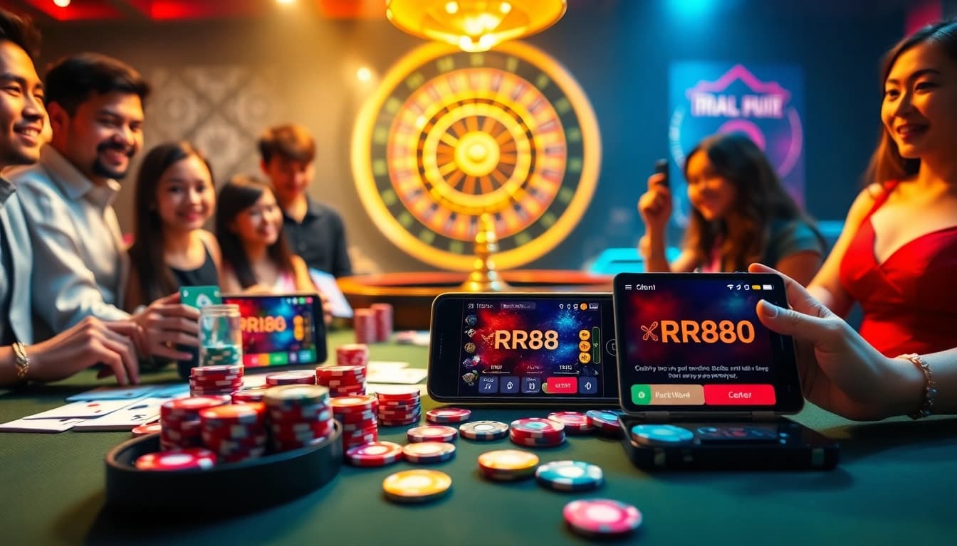 Players enjoying RR88’s exciting online gambling experience with vibrant casino elements.