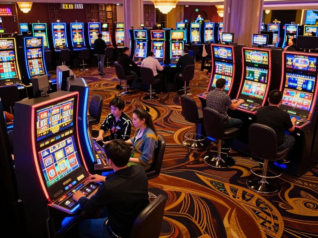 Players enjoying exciting slot machines at dw8 casino with vibrant atmosphere.