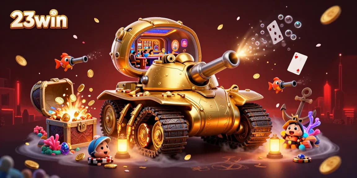 Experience the excitement of 23win with a vibrant 3D casino scene filled with games and fun.