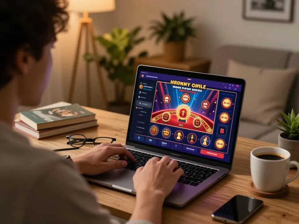 Engaging with GO8's online casino platform in a cozy home office setup.