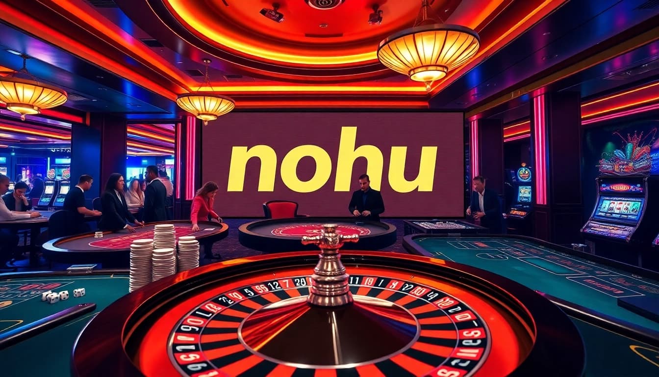 Nohu-themed casino scene highlighting a roulette wheel and lively players in a luxurious setting.