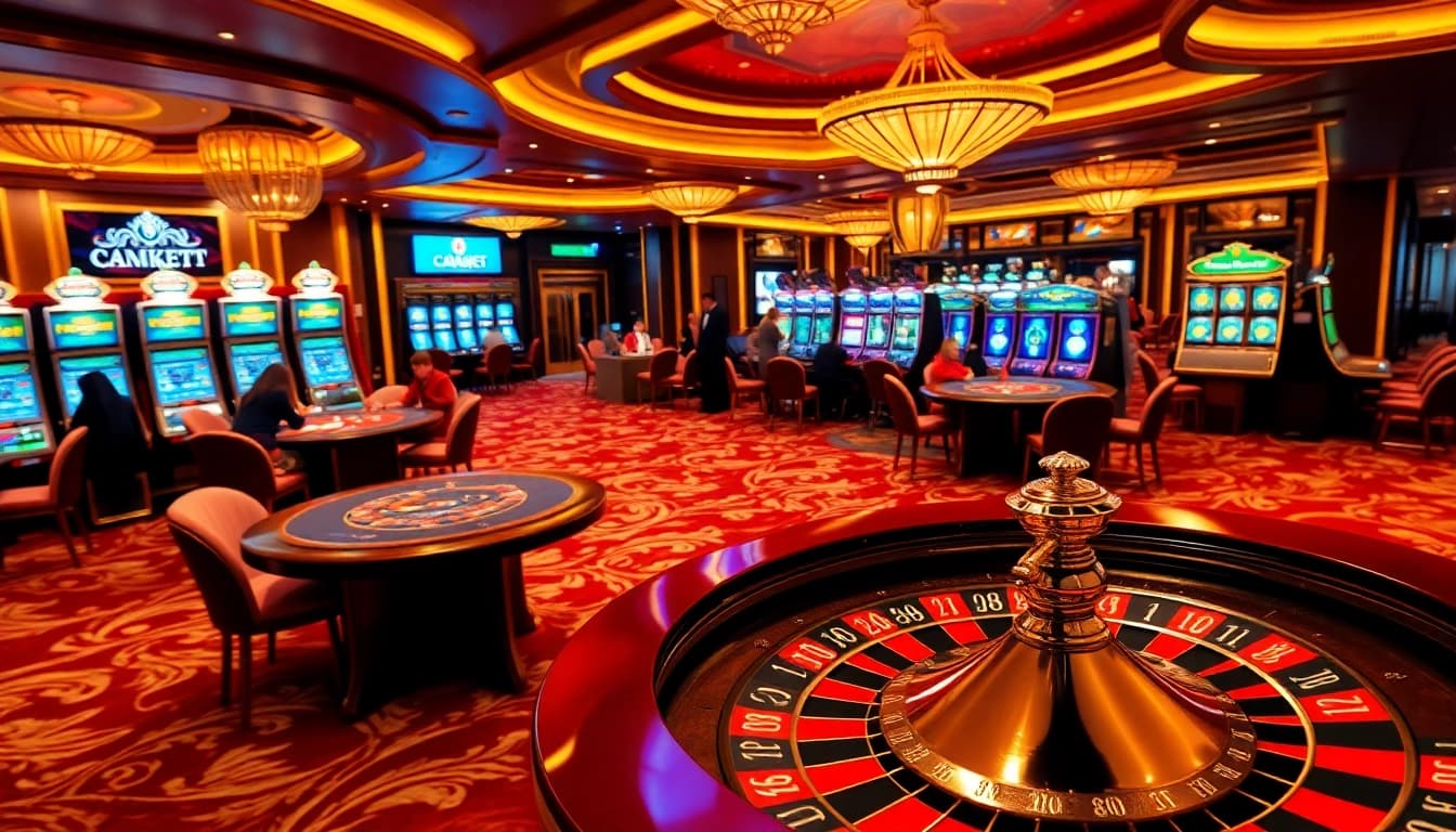Play exciting casino games at Trang chủ Luck8, featuring luxury tables and illuminated slots.